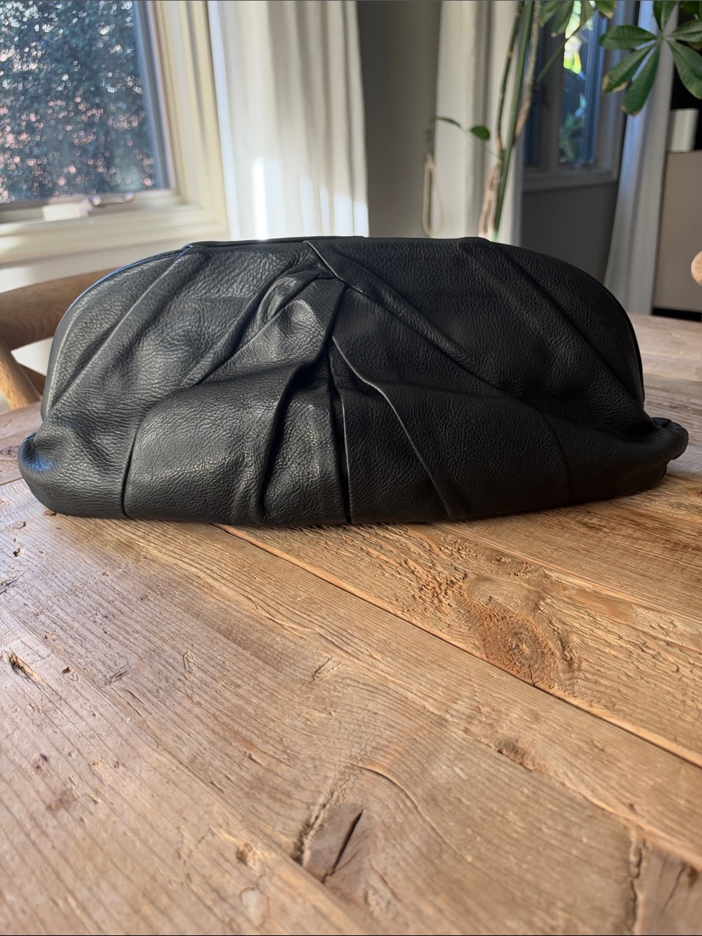 Vintage Miu Miu Black Vitello Leather Pleated Fan Clutch Bag.